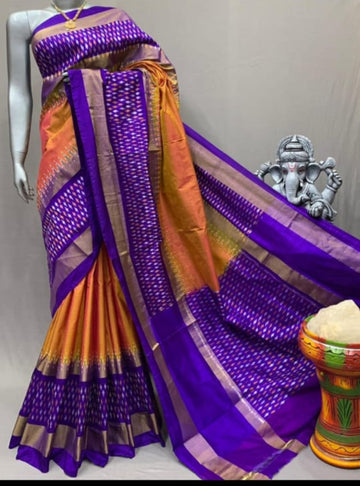 Pochampally-Ikkat-Silk-Orange-Purple-Sari-Weavesarees.com